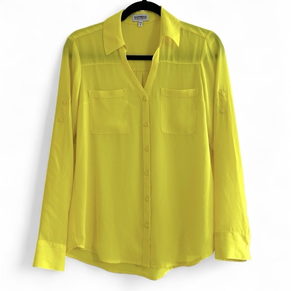 Express Portofino Shirt Yellow‎ Highlighter Button Up Blouse Roll Tab Sleeve S - Picture 1 of 6